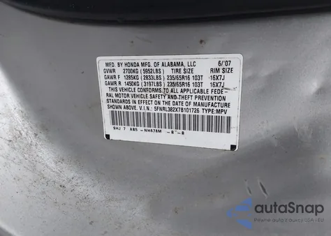 2007 Honda Odyssey Lx из США, поврежденный, VIN 5FNRL382X7B101726